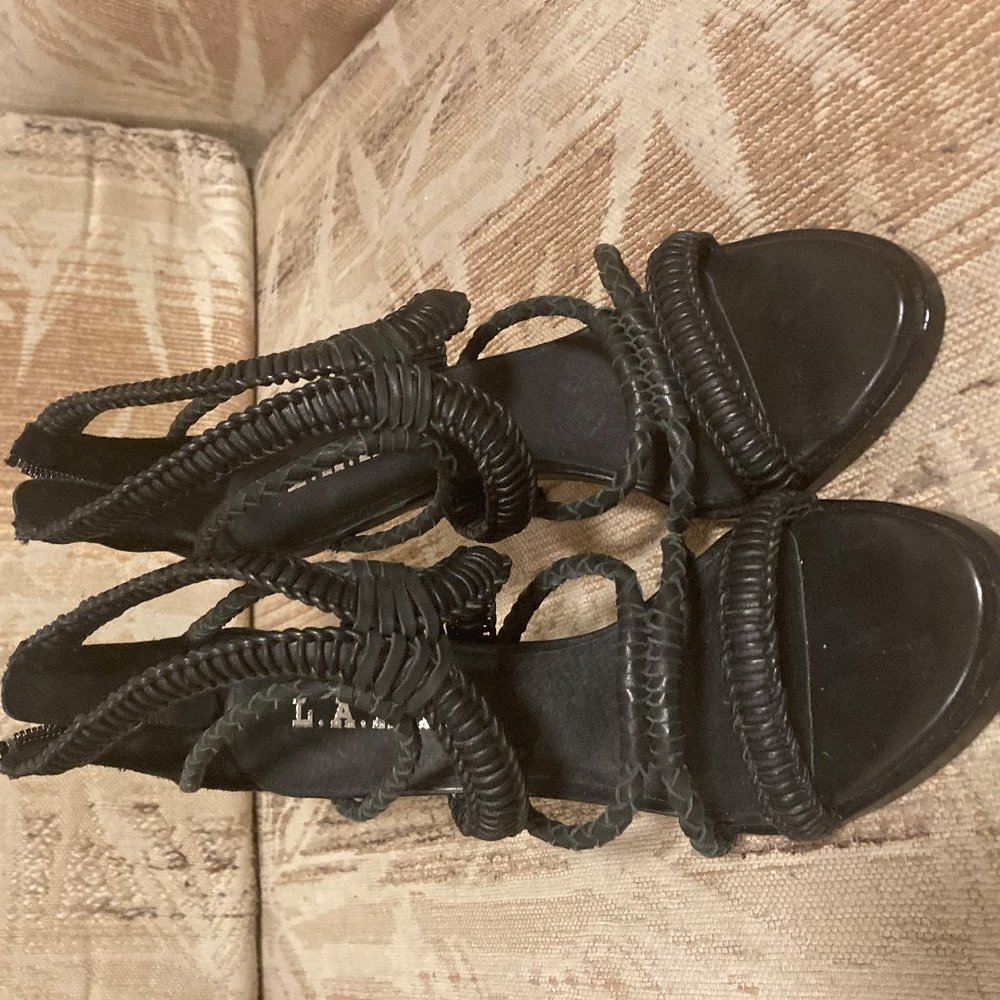 L.A.M.B  Black Leather Vine Gladiator Heels Sandal